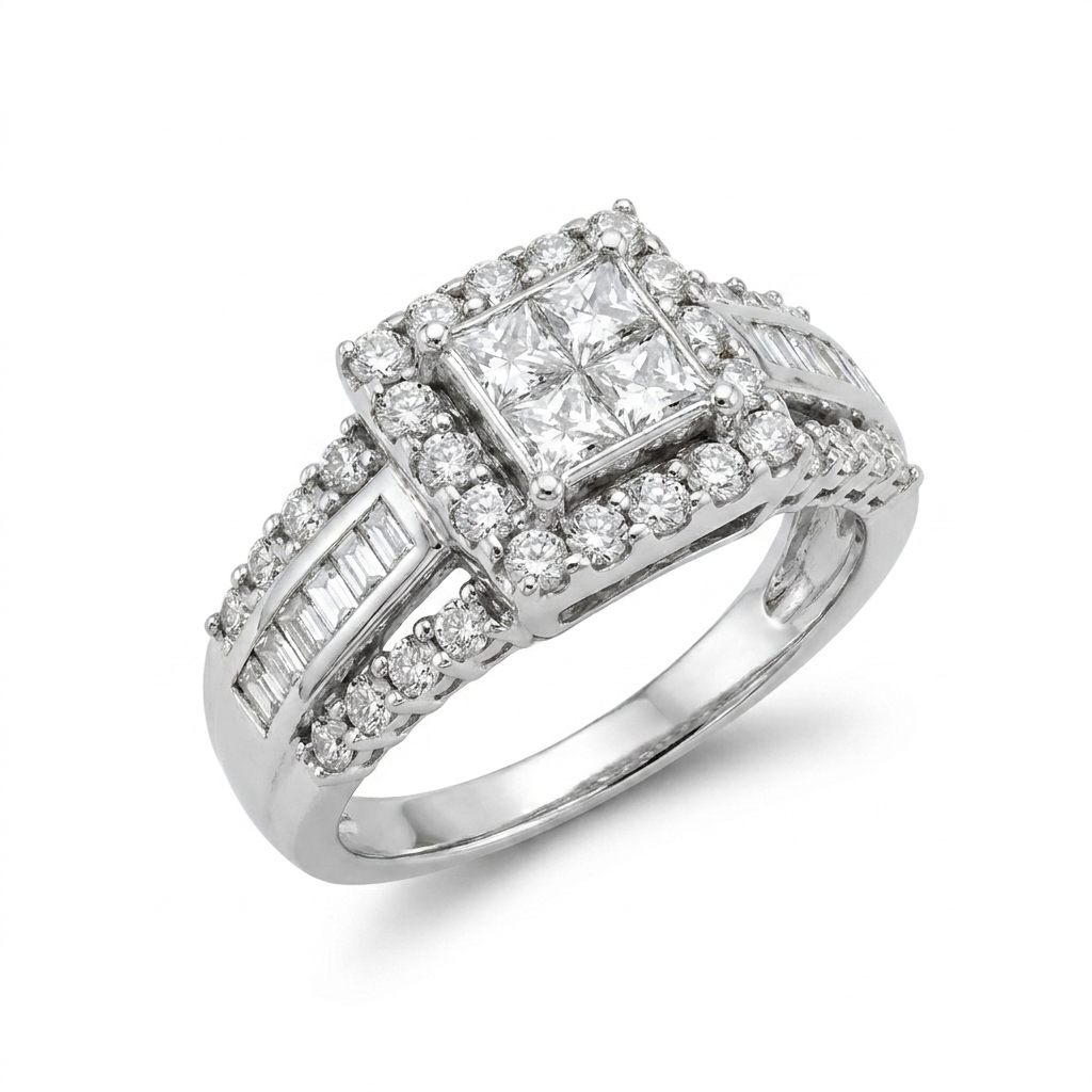 14K White Gold with Natural Diamonds 2.15CTW, Center 1.0 CTW, G/H SI1/I1