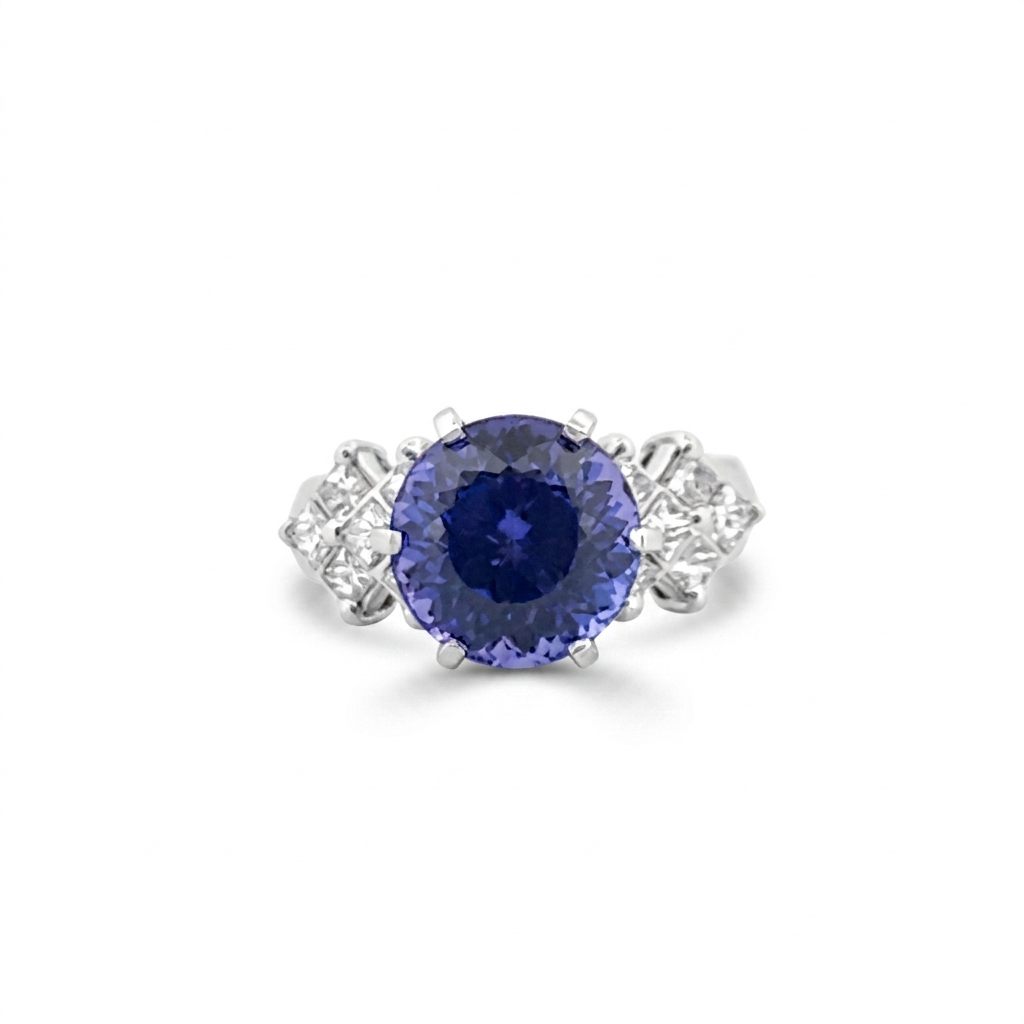 Natural Round Modified Brilliant Cut, Bluish Violet Tanzanite (5.25 CT - 10.20 mm) with 12 Natural Princess cut 3x3 mm Square Diamonds (1.92 CTW) Ring 14K White Gold. GIA Certified (2231466864).